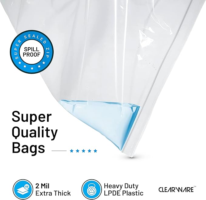 Clearware 50 Large Storage Bags With Zipper Top - 5 Gallon Bags 18" x 24", Extra Plastic for Clothes, Travel, Moving, Reusable freezer bags, BPA-Free, 2-mil Thick