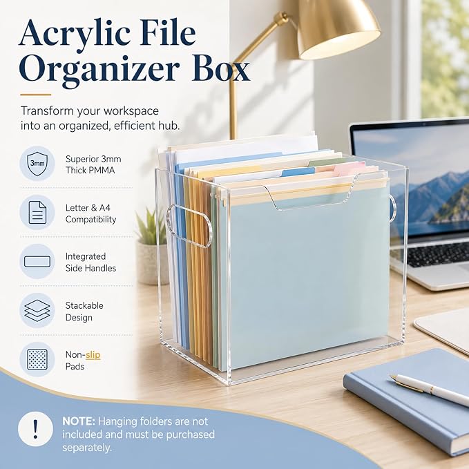 Acrylic File Organizer Box with Handles, Clear | Desktop File Organizer, For Letter Size and A4 Folders, Portable Folder Holder, Includes 4 Non-Slip Pads