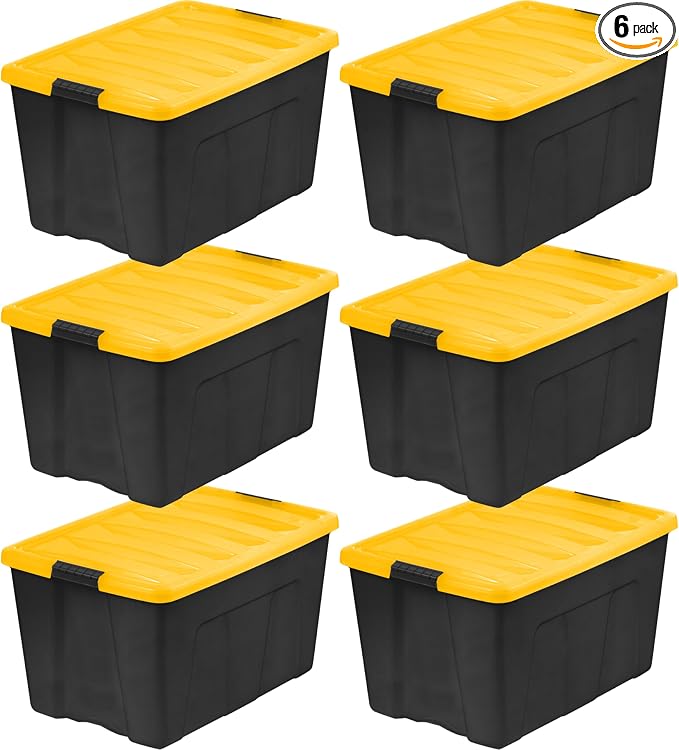 IRIS USA 72 Qt Stackable Plastic Storage Bins with Lids, 6 Pack - BPA-Free, Made in USA - Garage Organizing Solution, Latches, Durable Nestable Containers, Secure Pull Handle - Black/Yellow