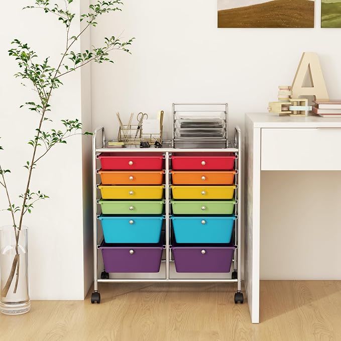 DREAMADE Rolling Cart with Storage Drawers, Utility Cart with Removable Plastic Drawers, Lockable Wheels, Art Cart for Classroom Organization Art Supplies Office Scrapbook (‎12 Drawers, Multi-color)
