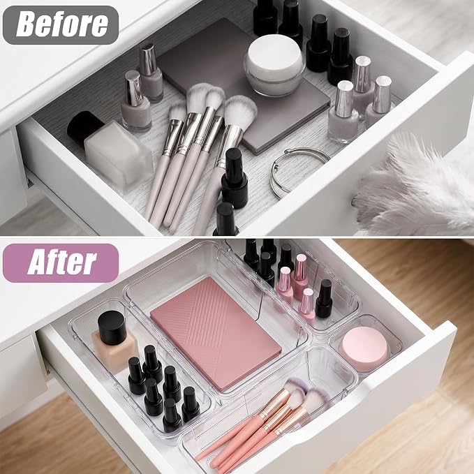 14 Pcs Clear Drawer Organizer, Adjustable Drawer Organizer, 3-Size Expandable Drawers Organizers for Makeup, Cosmetic, Kitchen Utensils, Bedroom Dressers, Tool Organizers for Gadgets