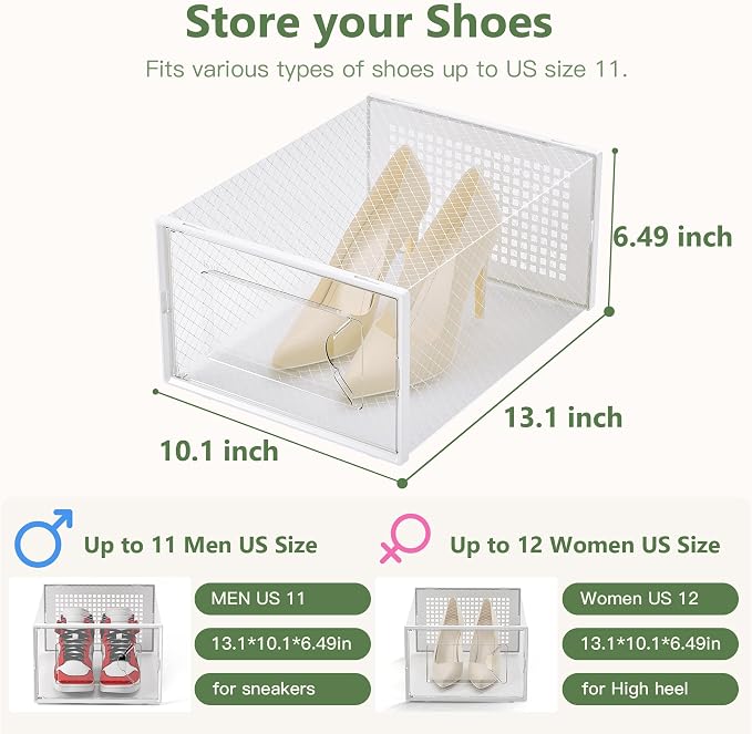 Kuject X-Large Shoe Storage Box Fit Size 11,Clear Plastic Stackable Shoe Organizer for Closet, Space Saving Stackable Sneaker Shoe Boxes Rack Container Bin Holders Case, 12 Pack Clear
