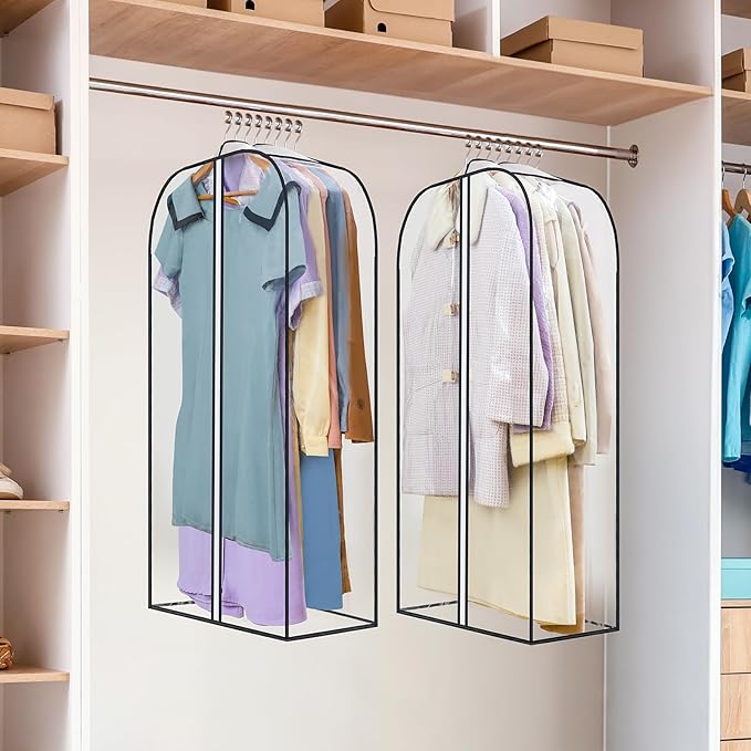 LANDNEOO 2 Pack Clear Garment Bags for Hanging Clothes with Zippers on Double Sides - 10'' Clothes Storage for Coat, Dress, and Fur in Closet - 40'' Long Suit Bags