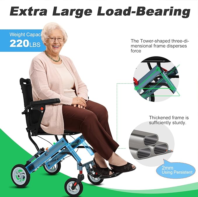 20 lbs Transport Wheelchair Lightweight Foldable, Portable Folding Transport Chair with 8" Honeycomb Tires, 16.2" Seat Small Wheelchair for Tight Spaces, Narrow Wheelchairs for Adults & Elderly(Blue)