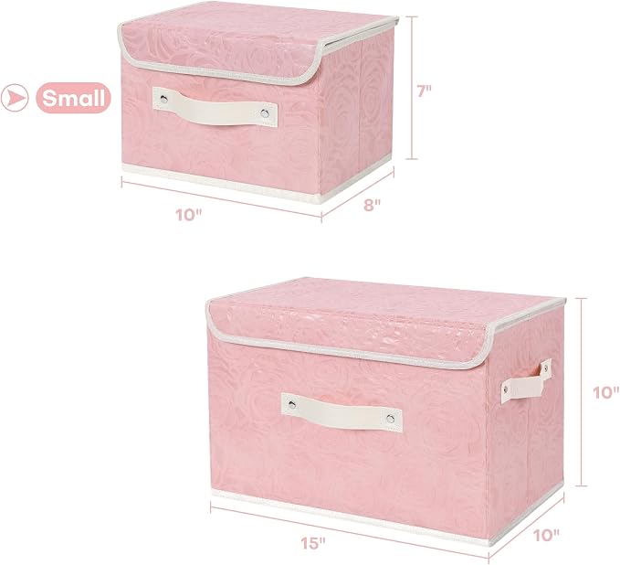 ANMINY Fabric Storage Bin with Lid Rose Print Storage Box Basket with PU Leather Handles Washable PP Plastic Board Decorative Foldable Lidded Shelf Cubes Closet Organizer Container - Pink, Small Size