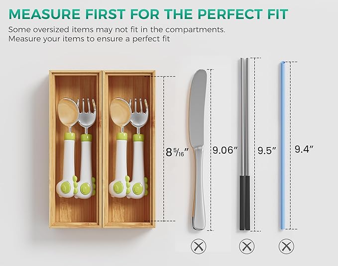 Bamboo Kitchen Drawer Organizer Boxes 9" x 3" Stackable Wooden Organizers | Set of 2 Wood Silverware Utensil Tray for Drawers Bins, Cutlery & Flatware Storage for Junk Drawer, Bathroom, RV