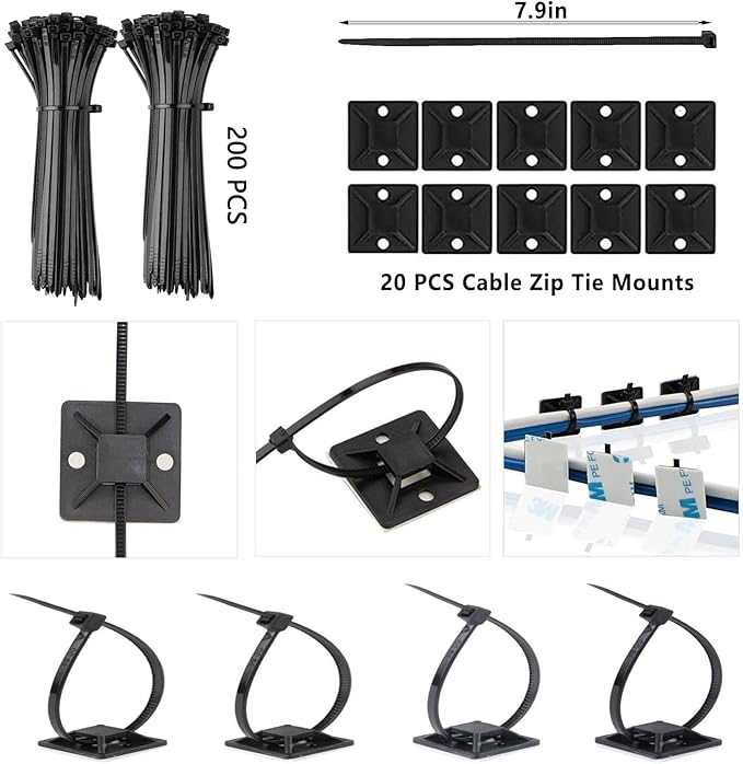 ELII 300PCS Cable Management Kit,4 Cable Sleeve 35 Cable Clips | 11Cord Holders,20 Roll Cable Organizer Straps, 200 Fastening Cable Ties,20 Cable Zip Tie Mounts for Computer TV Under Desk