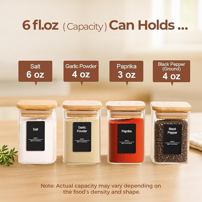 ComSaf Glass Spice Jars with Labels 6 oz 12 Pack Small Square Bamboo Lids | Empty Containers, Seasoning Herbs Powders, Salt Pepper Chili, Spice Rack Organization, Kitchen Cabinet Storage, Dry Goods