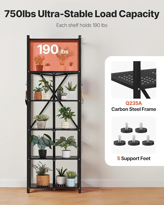 VEVOR 6-Tier Foldable Storage Shelf, 24W x 12D x 72H Inch Folding Metal Rack Shelving Unit, No Assembly Organizer Shelf with 5 Wheels & 4 Hooks for Pantry, Kitchen, Garage, Basement, Black