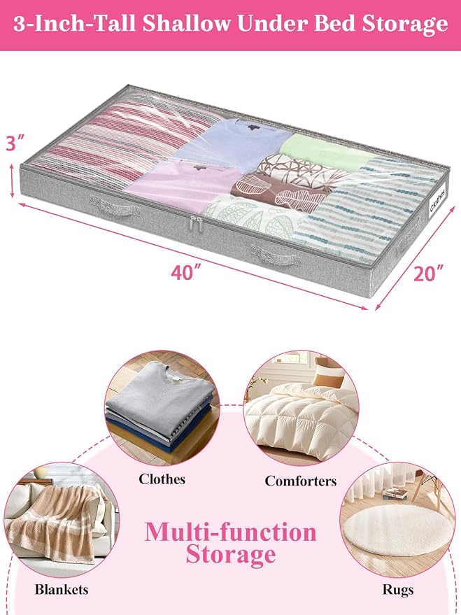 3-Inch High Under Bed Storage Containers, Low Profile Underbed Bins, NO RIGID STRUCTURE, Foldable Clothes Storage Organizer w/Lid & Zipper, Shallow Storage for Low Beds, Couches & Cribs, 2-Pack, Gray