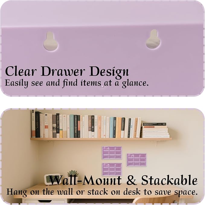 Small Drawer Organizer for Desk, 7.1" x 3.8" x 4.6" Mini Desktop Drawer Organizer with 9 Clear Drawers, Compact Craft & Office Supplies Organizer for Home School (Purple)