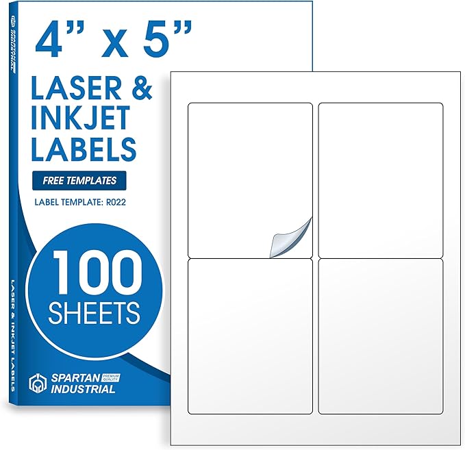 4" X 5" Matte White Printable Shipping Labels (100 Sheets, 400 Stickers) Address and Mailing Labels for Laser & Inkjet Printers - Spartan Industrial Template R022
