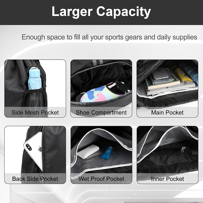 Hoedia Sports Drawstring Backpack - Swim Gym Bag for Women and Men | String Bag with Shoes Compartment and Wet Proof Pocket, Adjustable Wider Shoulder Strap, For Soccer, Basketabll, Volleyball