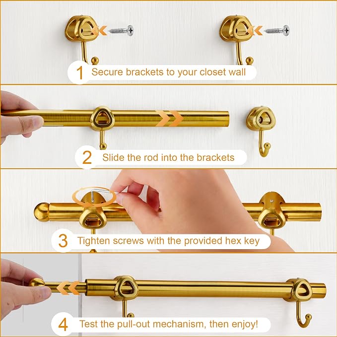 12" Valet Rod for Closets Pull Out, Closet Valet Rod Slide Out with 2 Hooks, Brushed Gold