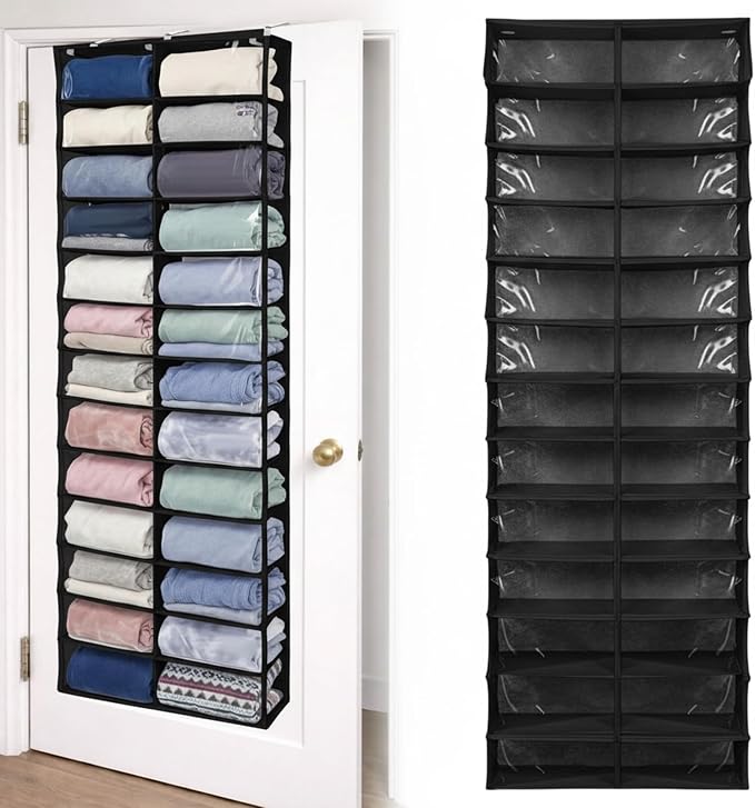 Over The Door Hoodie Organizer 26 Clear Pocket Sweatshirt Organizer with 3 Hooks Hanging Sweatshirt Hoodie Rack Holder Cabinet Behind The Doors for Dormitory Bedroom Closet Storage(Black)