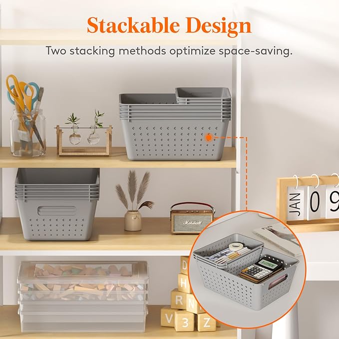Lifewit Plastic Storage Basket, 7 Pack Stackable Storage Bins for Organizing, Multi Size Open Containers for Shelving, Pantry, Office and Cabinet, 5 Large and 2 Small Size, Gray