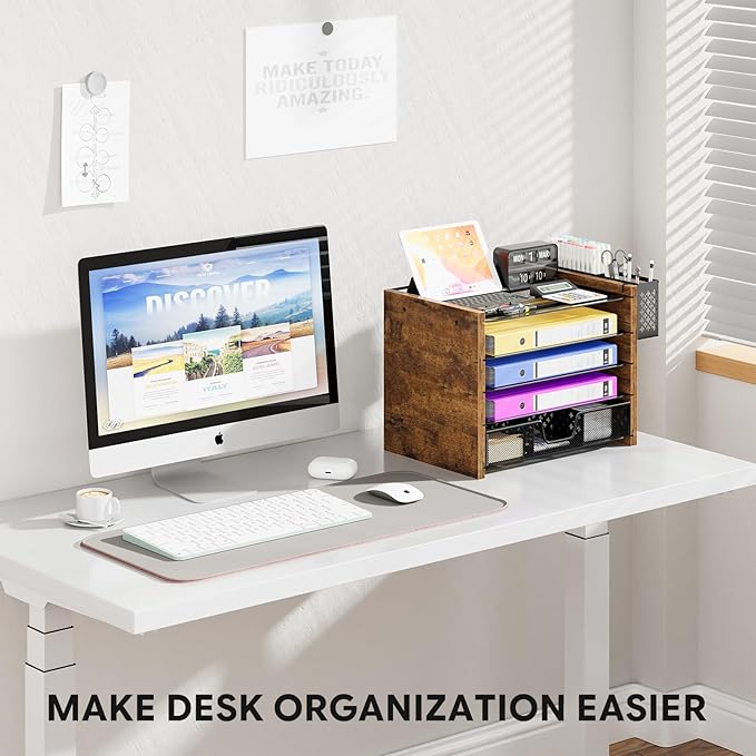 Simple Trending 5-Tier Wood Desk Organizer with Drawer & Pen Holder | 9"L x 12.75"W x 9.75"H. 4 trays + drawer + pen holder. Natural wood + metal. Fits letter-size. Easy assembly. 24h support.