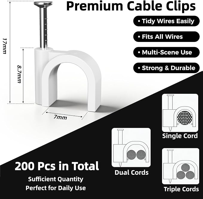 200 Pcs Cable Clips Nail in, Cord Clips Ethernet Cables Wire Wall Clips Cable Straps Cables Tacks Cable Nails Coax Cable Clips Cable Management for Speaker 7mm Cat6 - White