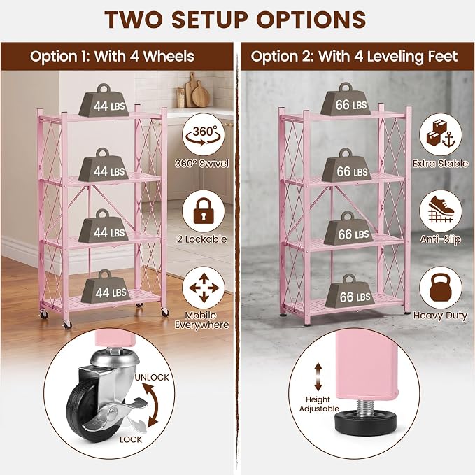 ALANNG 4 Tier Folding Storage Shelf on Wheels,Heavy Duty Metal Rolling Cart | 264 lbs Capacity, No Tools Assembly, Folds to 3.9", Lockable Casters, Portable for Kitchen Laundry Garage