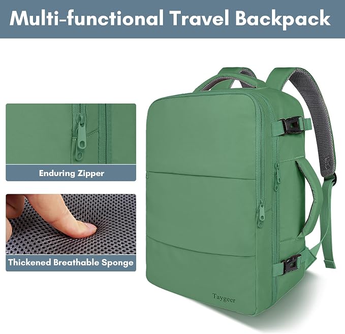 Taygeer Travel Backpack for Women Men, Airline Approved Carry On Backpack | 40L TSA Friendly Daypack with 17.3 inch Laptop Compartment, Backpack for Business Hiking Travel, Peridot Green