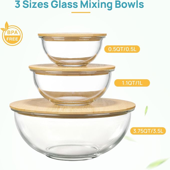 Vtopmart 3 Pack Glass Mixing Bowls with Bamboo Lids Set, Salad Bowl Set, Nesting Kitchen Bowls for Serving, Prepping, Cooking and Baking, Dishwasher & Microwavable Safe