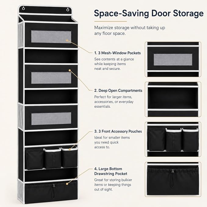 1 Pack Over The Door Organizer Storage, Hanging Organizer Closet with 5 Large Pockets 6 Mesh Pockets, 50 lbs Weight Capacity, Behind Door Storage for Closet Nursery Bedroom Bathroom (Black)