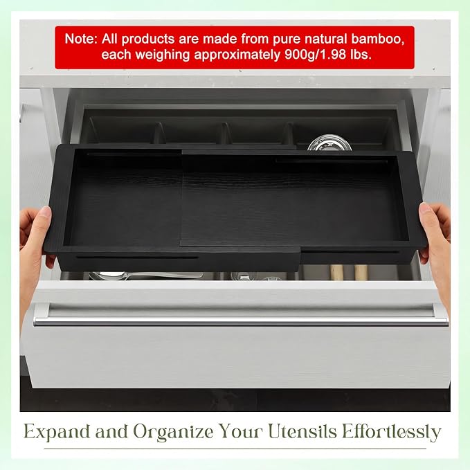LemonRoad 1 Pcs Sliding Drawer Organizer Bin Bamboo Drawer Expandable Bins Utensil Organizer for Kitchen Spoons Forks Knives (Black)