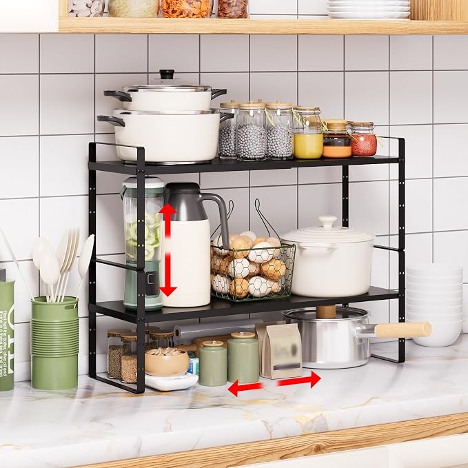 Expandable Cabinet Shelf Organizer Rack, Stackable Kitchen Counter Storage Shelves Stand, Adjustable Height Pantry Shelf Spice Rack (Black-2 Pack, 8.7" D x 15.4-26.8" W x 9.8" H)