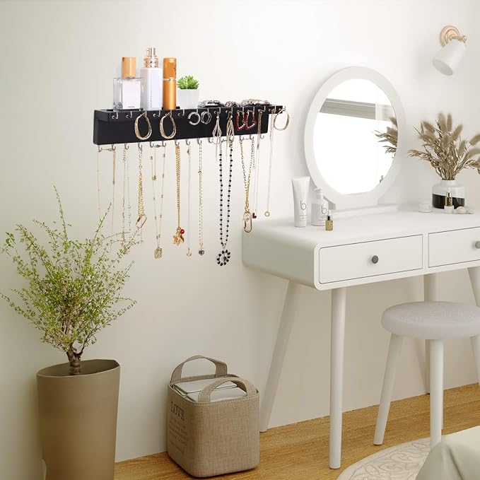 Necklace Holder Organizer Wall Mount,Jewelry Holder Organizer with 30 Hooks,Oak Jewelry Organizer and Storage for Necklaces,Bracelets and Rings (Black)
