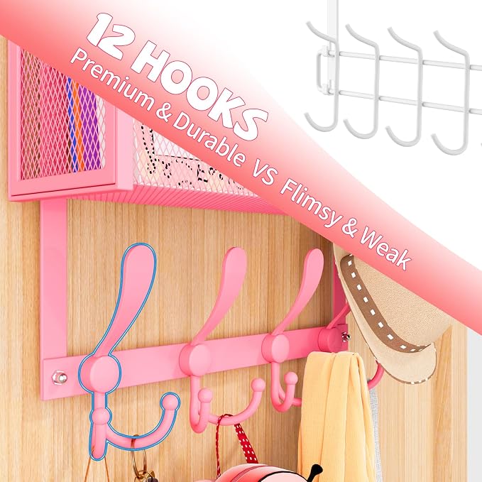 Kaiferty Over The Door Hooks Organizer, Coat Rack Over The Door Storage Hanger Towel Rack, Back of Door Storage Organizer for Bathroom,Bedroom,Kitchen,Office (Pink, 4-Tier)