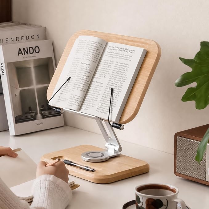 Solid Oak Wood Bookshelf, Adjustable Book Stand, 360° Rotatable Foldable Laptop & Cookbook Holder for Bedroom Office Study