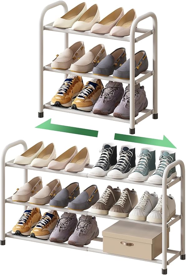 kiplant White Shoe Rack for Closet, 3-Tier Expandable Shoe Organizer for Closet, Metal Adjustable Black Shoe Shelf Storage Organizer, Free Standing Shoe Rack for Entryway Doorway