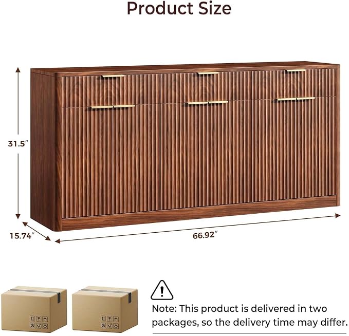 Evermagin 67" Fluted Walnut Sideboard Buffet Cabinet with 3 Drawers | Modern credenza and console cabinet with storage for kitchen, living room, entryway or coffee bar, 67"W x 31.5"H x 15.7"D