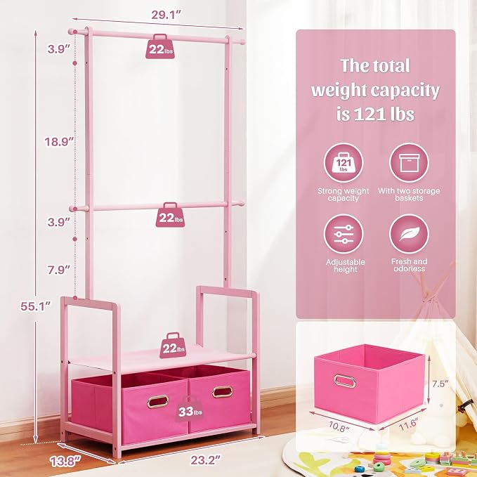 Bamboo Kids Clothing Rack: Holds Up To 121 Lbs of Dress-Up Clothes | 2 Adjustable Hanging Rods & 2 Storage Baskets With Shelf. Child Garment Holder for Playroom & Toddler Bedroom (Pink)