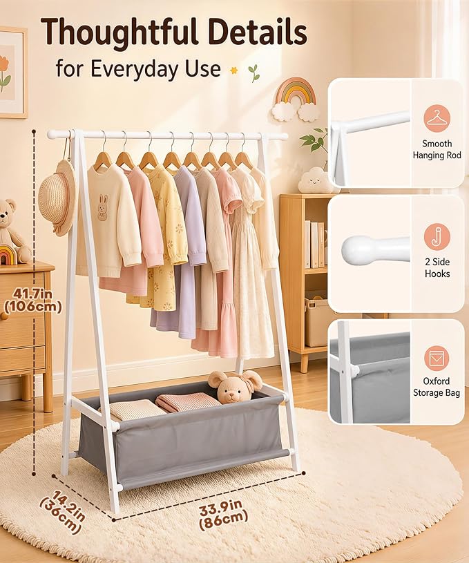 Homde Sturdy Kids Clothes Rack: 66 lb Capacity for Growing Wardrobe Needs | Hanging Rod Holds Clothes, Basket Stores Items Below - Helps Kids Build Tidy Habits - Angled Bamboo Side Frames Add Stability