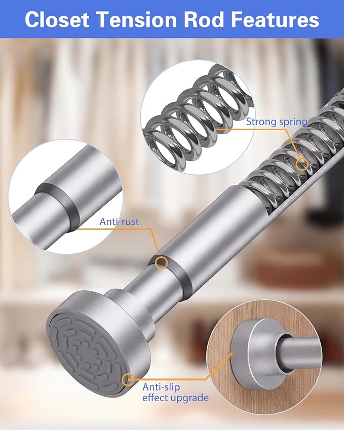 Closet Rod, No Drill Tension Closet Rod for Hanging Clothes, 17-84in,Silver | Quick Tool-Free Install, Non-Slip Rubber Ends Grip Securely, Heavy-Duty Rod Supports Up To 66 lb In Closet, Laundry Rooms, RV