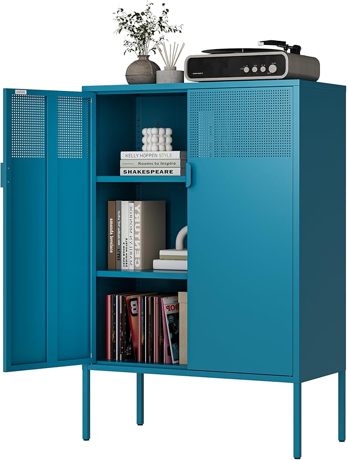 Ustamio Blue Metal Storage Cabinet - 3 Tier Steel Office Storage Cabinet with Doors and Shelves for Home, Office and Kitchen