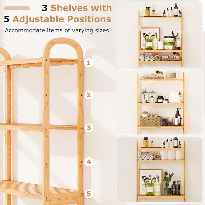 Giantex Bamboo Over The Toilet Storage, 3-Tier Over Toilet Bathroom Organizer with 3 Hooks & Adjustable Shelves, Freestanding Space Saver Above Toilet Shelf Rack for Laundry, Balcony, Restroom