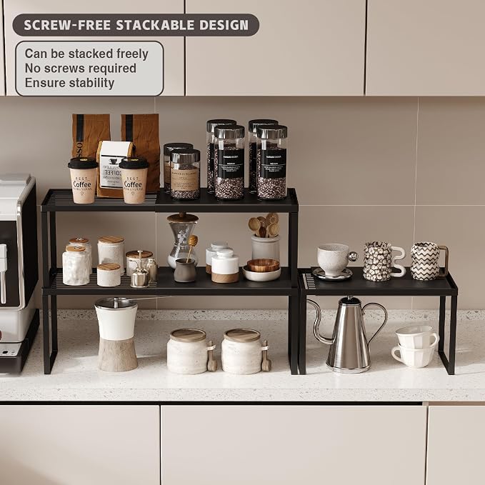 Magheo Expandable Kitchen Countertop Organizer, 1 Pack Stackable Cabinet Shelf Risers, Metal Spice Rack Heavy Duty Counter Organizer Storage for Kitchen, Pantry, Cupboard, Rv (8.7in Height,Black)