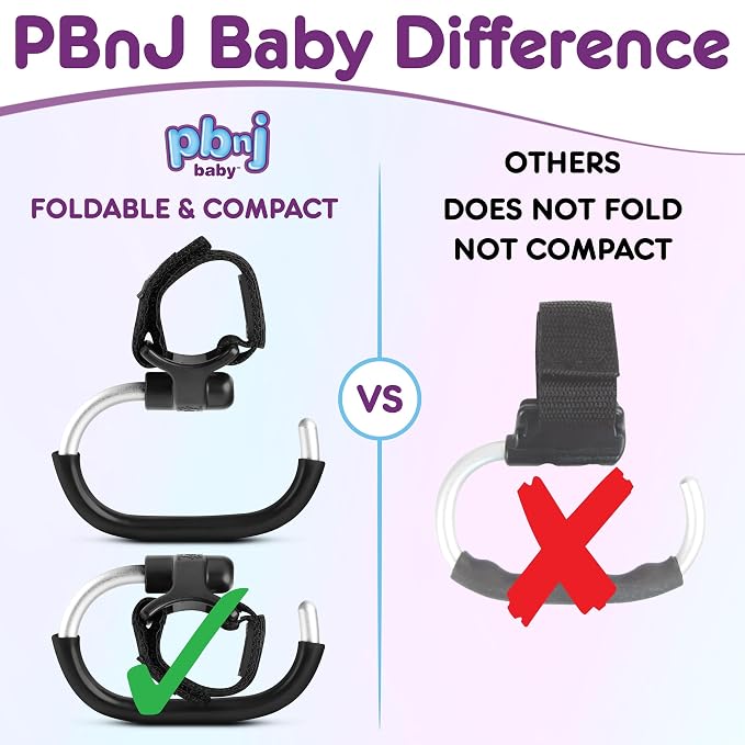 PBnJ Baby Foldable Stroller Hooks for Diaper Bags and Purses, 2 Pack | For Hanging Diaper Bags and Purses, Foldable Hooks, Stroller Accessories Organizer
