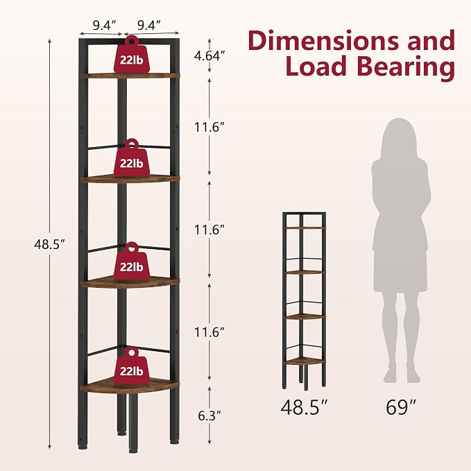 Tajsoon Tall Corner Book Shelf 4 Tier 48" Multipurpose Corner Standing Shelf with Metal Frame, Bedroom, Living Room, Office, Kitchen, Rustic Brown