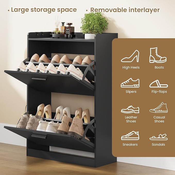 Shoe Cabinet Organizer with 2 Flip Drawers, Freestanding Shoe Rack Cabinet, 23.6" W × 6.3" D × 33.1" H Narrow Shoe Cabinet Storage for Entryway, Foyer, Hallway, Black