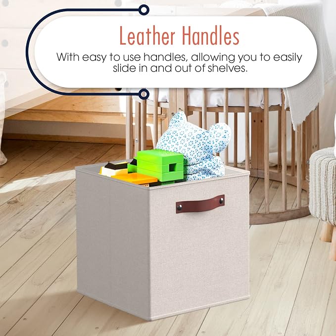 Ornavo Home 13x13 Foldable Fabric Storage Cube Bins, 6 Pack, Beige | Collapsible Linen Shelf Basket Organizer; Leather Handles; Ideal Cube Storage For Closet