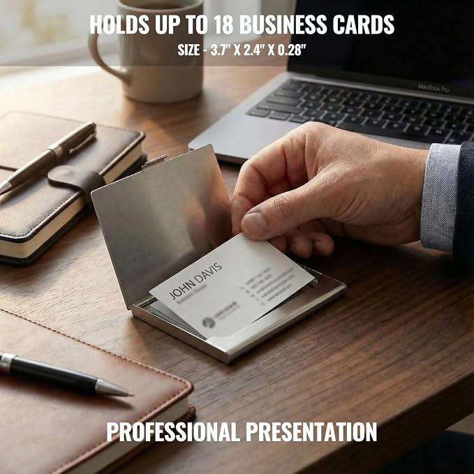 Business Card Holder, for Men and Women, Slim Minimalist Design Case, Stainless Steel Metal, Fits 18 Business Cards in Pocket