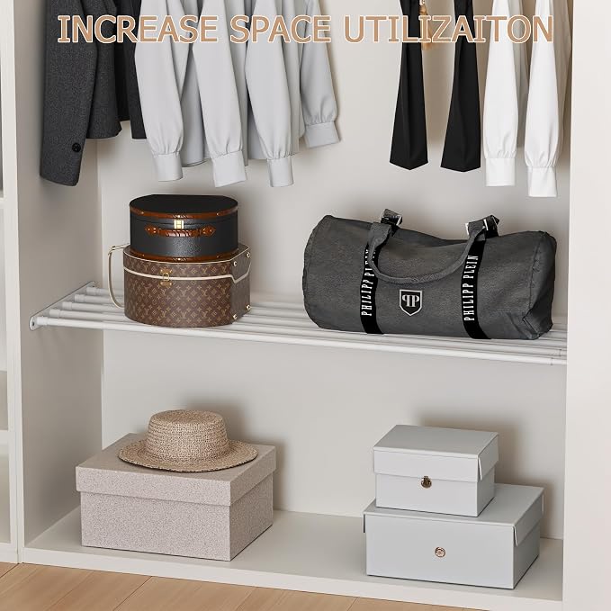 VanlonPro Expandable Closet Shelf Wall-Mounted Metal Storage Rack Adjustable Closet Rod DIY Divider Separator Space Saving for Cabinet Wardrobe Cupboard Kitchen Pantry Cupboard, 45.8-56.5 Inches