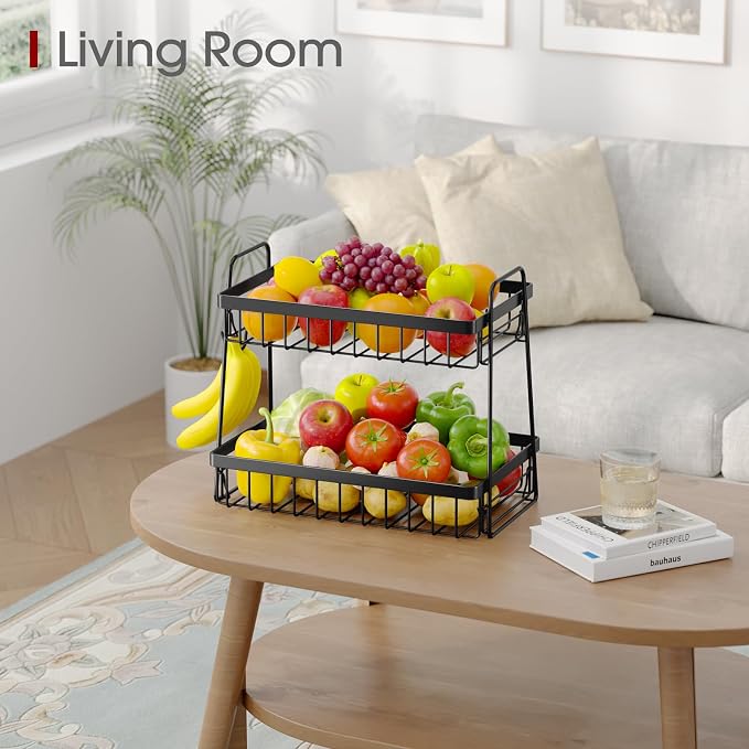 Sakugi Fruit Basket for Kitchen Counter - 2-Tier Fruit Bowl with Removable Banana Hanger & Handles, Rustproof Fruit Holder for Kitchen, Living Room, Bathroom, 13.4"×8.7"×11.7", Black
