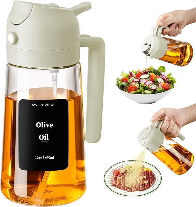 SWEET VIEW Oil Sprayer for Cooking 16oz/470ml | Glass Oil Dispenser/Pour Bottle, Kitchen Accessories, Kitchen Gadgets for Air Fryer, Salad, BBQ, with Stickers (White)