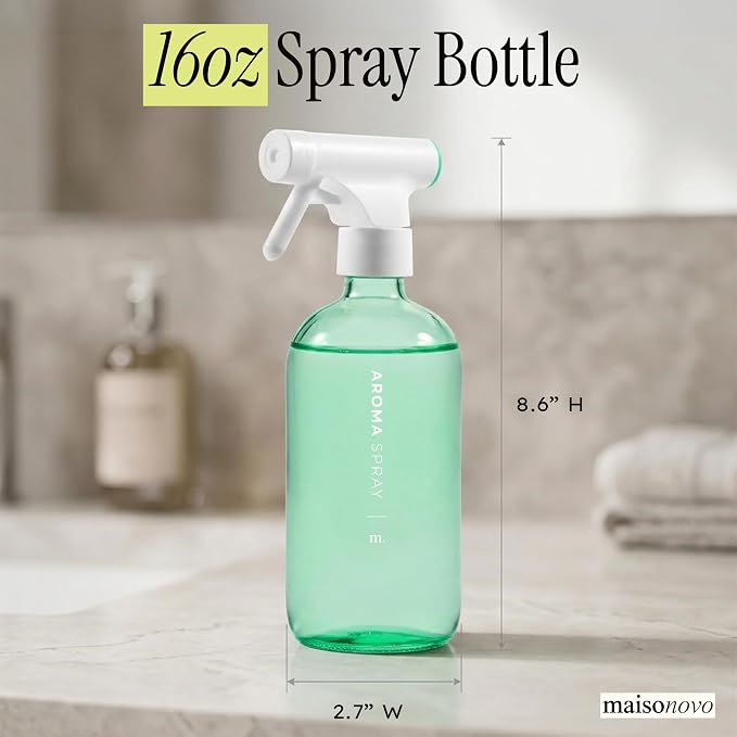 MaisoNovo Green Glass Spray Bottle 16.9 oz Pack of 2 - Green Spray Bottles for Plants with Fortified Glass & Fine Mist - Ideal for Plant Care, Gardening, Misting, Seedlings & Indoor Plants - 16 Labels
