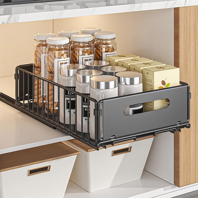 2 Pack Pull Out Cabinet Organiser, Slide Out Under Sink Storage Basket with Rails, No Drill Kitchen Cupboard Drawer Organiser, Heavy Duty Carbon Steel Pantry Storage Rack