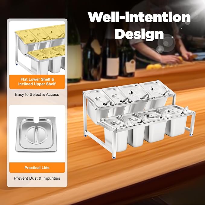Expandable Spice Rack, Countertop Condiment Stand Holder with Pans and Lids,Stainless Steel Organizer Shelf for Seasonings Sauces Side Dishes Fruits Kitchen Pantry (4*1/9 Pans + 4*1/6 Pans)